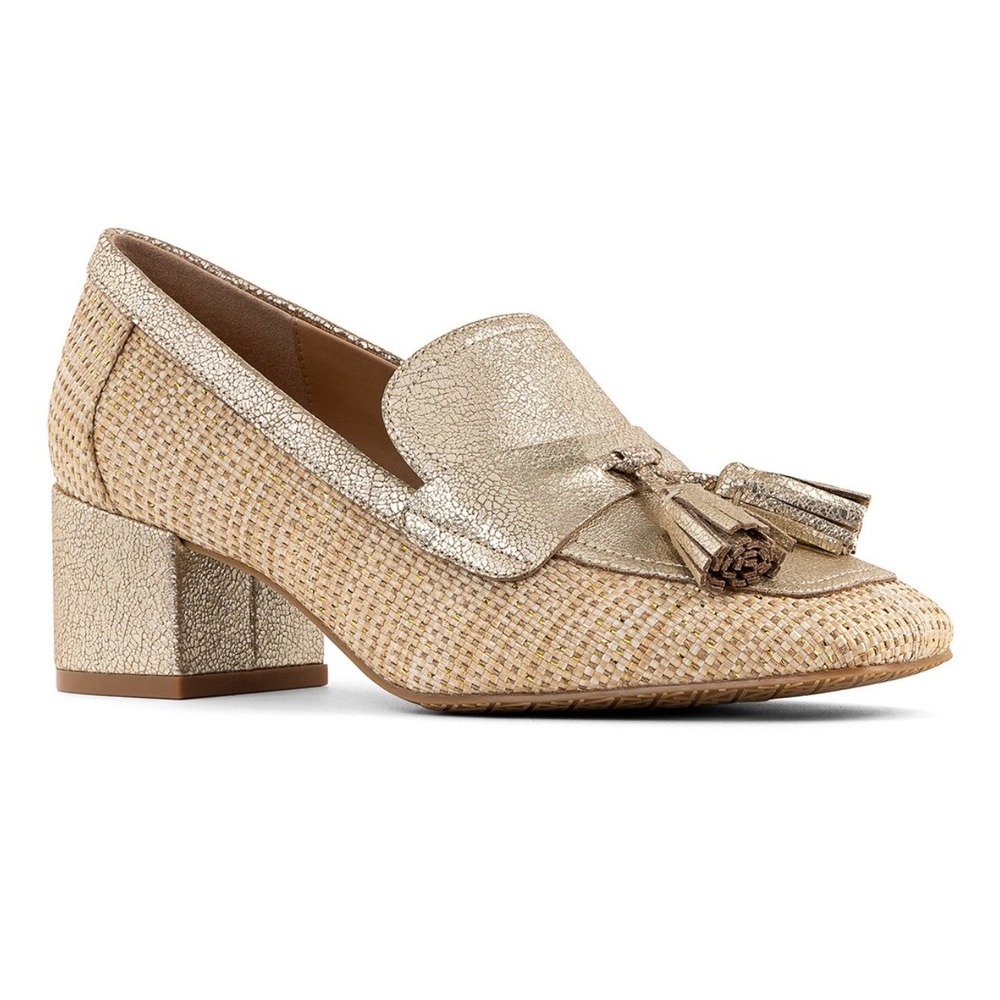 Donald Pliner Kressida Gold Metallic Raffia Tassel Block Heel Loafers 6